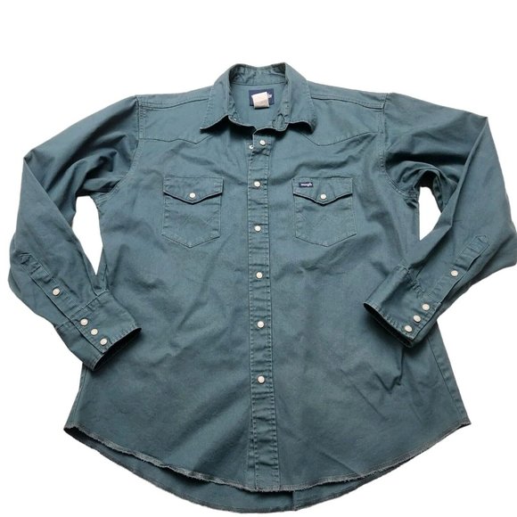 Vintage Wrangler Blue Green Bushpopper Heavy Denim Pearl Snap Long Sleeve - Picture 2 of 7